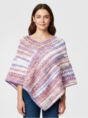 Crochet V-Neck Women’s Sweater Poncho - Pink, White & Lavender